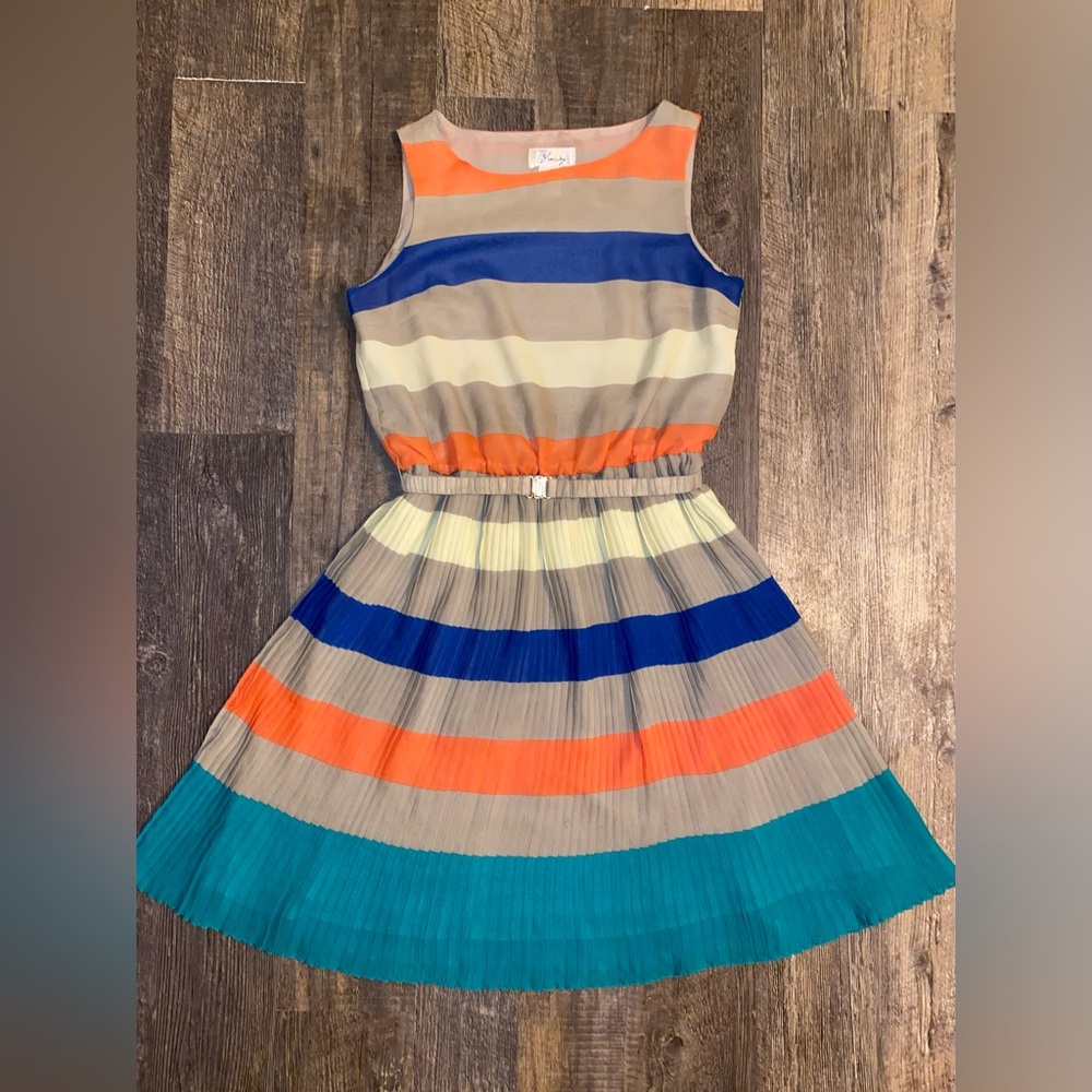 Freeway Striped Pleated Casual Dress - Blue, Orange, Teal, Cream, Tan